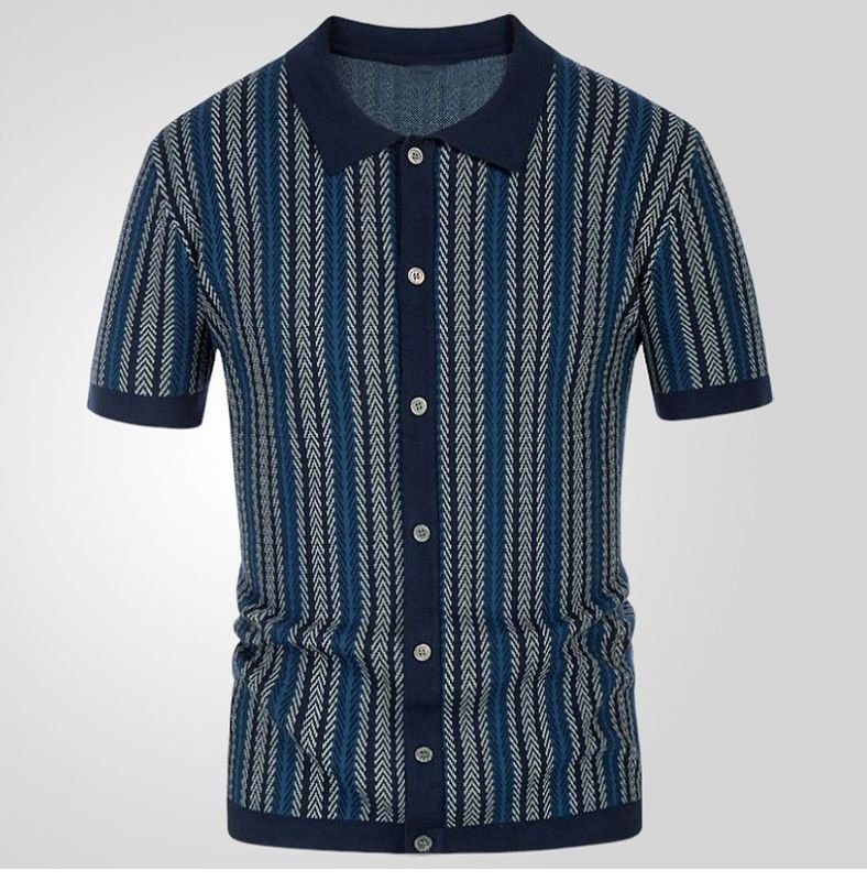 Men Fashion Casual Color Matching Cardigan Knitted Short Sleeve Lapel Shirt