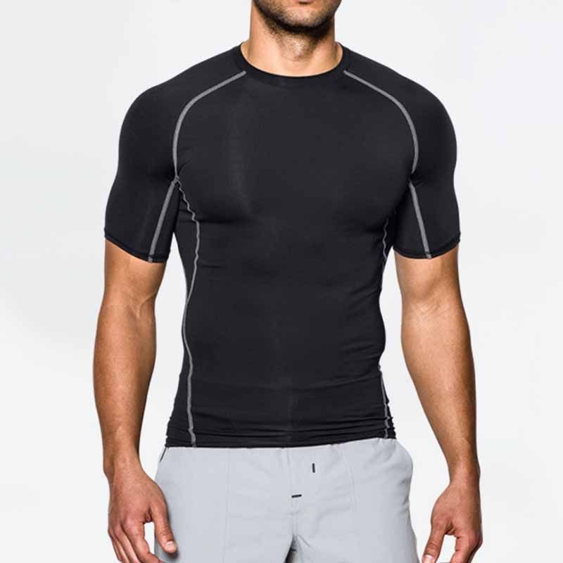 Men Casual Basic Stripe Quick Drying Short Sleeve Round Neck Sports Tight T-Shirt