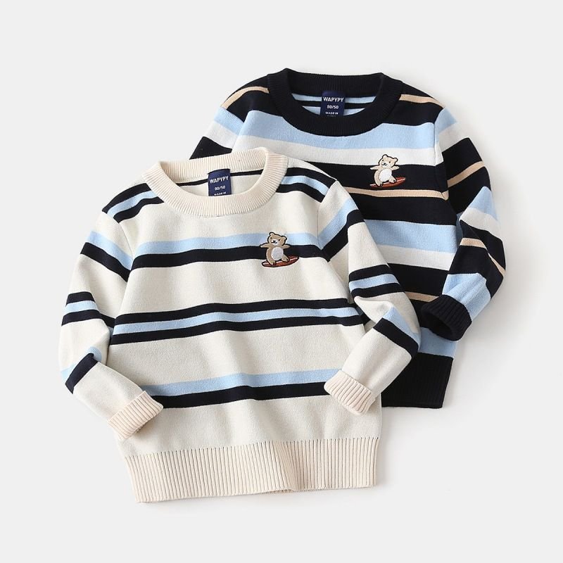 Kids Toddler Boys Casual Cute Stripe Long Sleeve Round Neck Knitwear Sweater