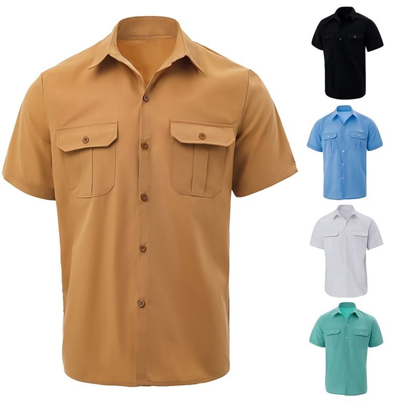 Men Fashion Casual Solid Color Double Pocket Short Sleeve Lapel Shirt