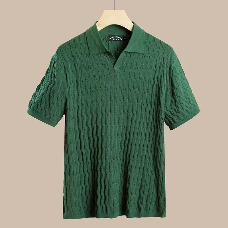 Men Fashion Casual Commuter Solid Color Rib-Knit Short Sleeve Lapel POLO Shirt