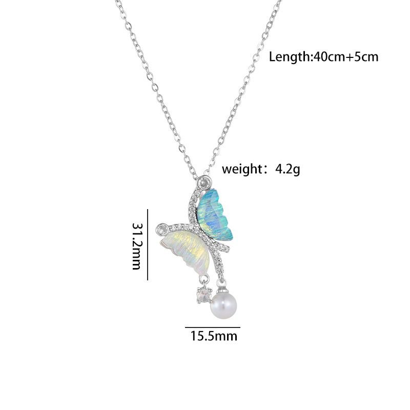 Women Simple Multicolor Fluorescent Butterfly Pearl Titanium Steel Necklace