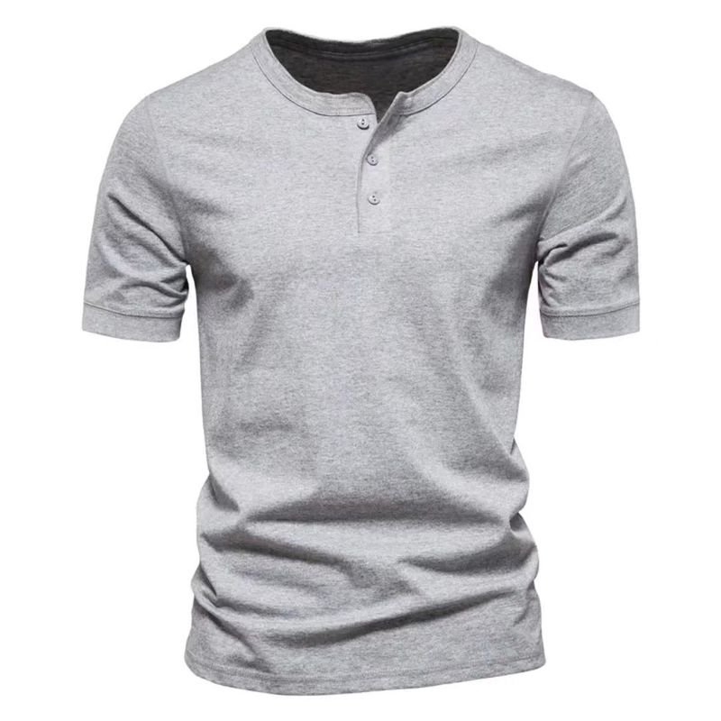 Men V Neck Short-Sleeved Casual Slim-Fit Henry Collar Solid Color T-Shirt