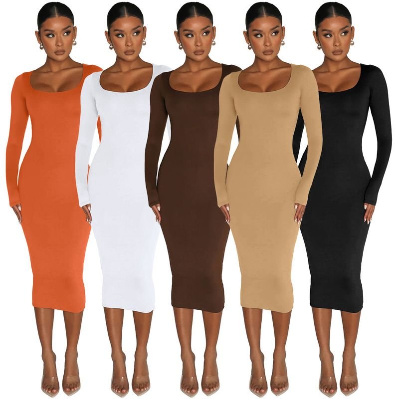 Women Fashion Solid Color Round Neck Long Sleeve Tight Dress