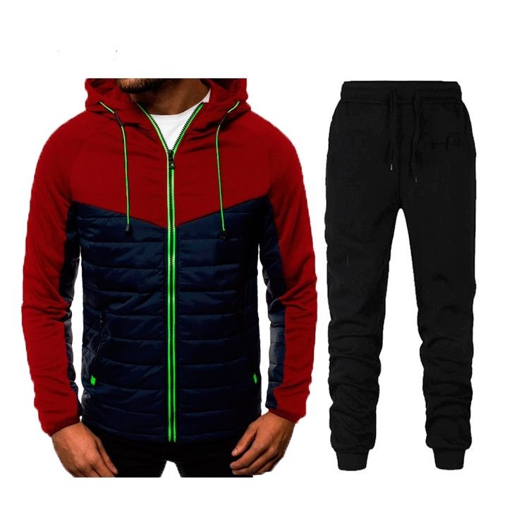 Men Casual Sports Color Matching Plus Size Long Sleeve Hoodies Trousers Sets