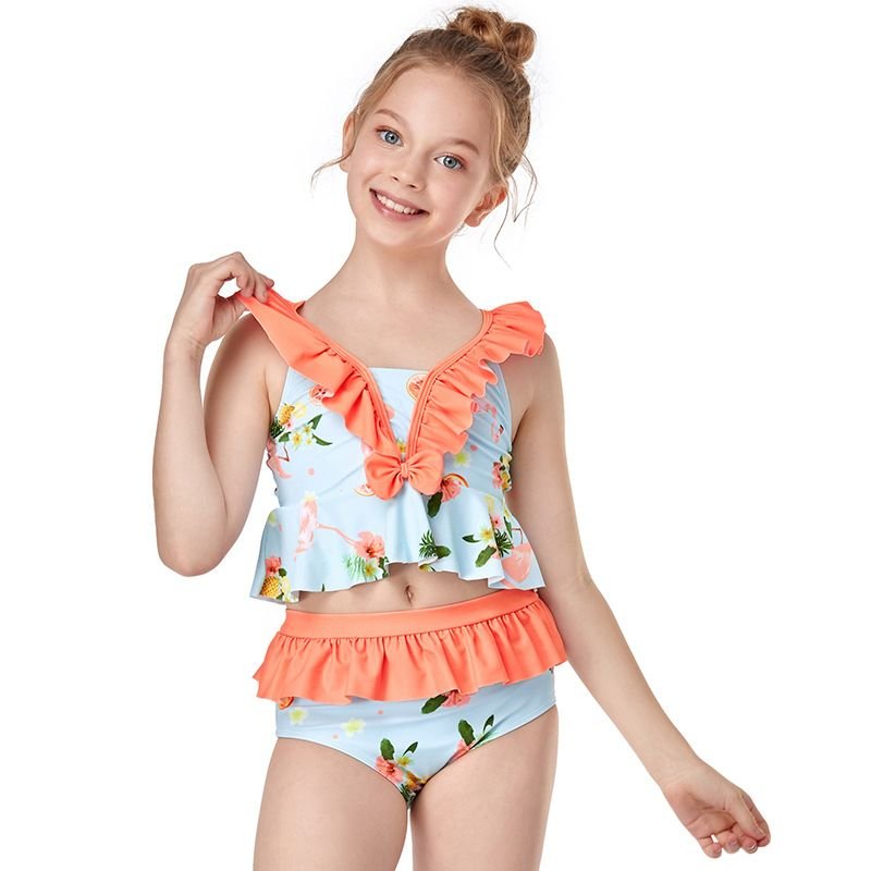 Children Fashion Girl'S Ruffle Floral Print Swimsuit Two-Piece Set