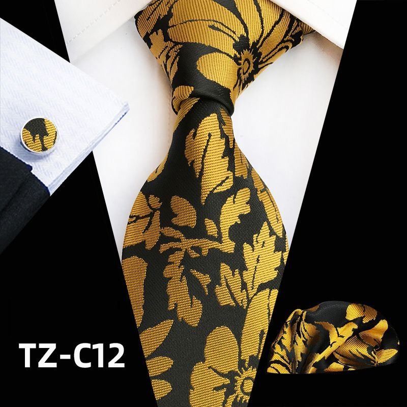 Men Classic Flower Printed Tie Pocket Square And Cufflinks Three-piece Set