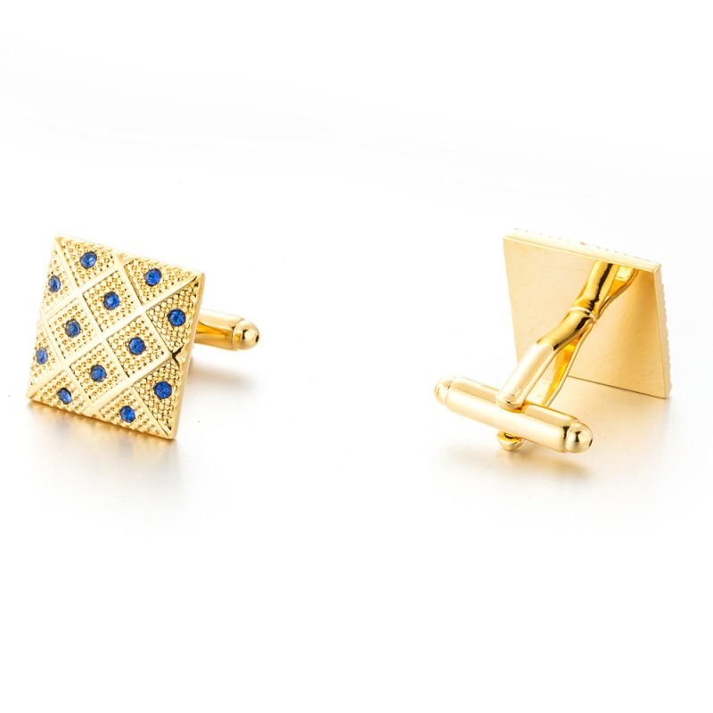 Men Square Blue Crystal Gold Cufflinks