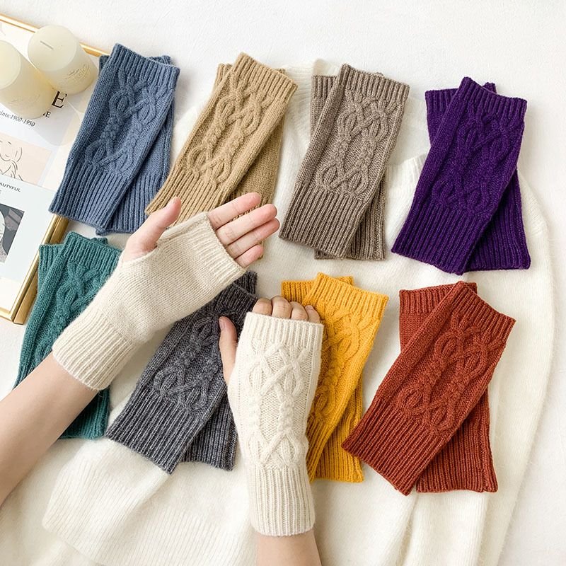 Autumn Winter Women Fashion Solid Color Warm Knitted Half Finger Wool Gloves