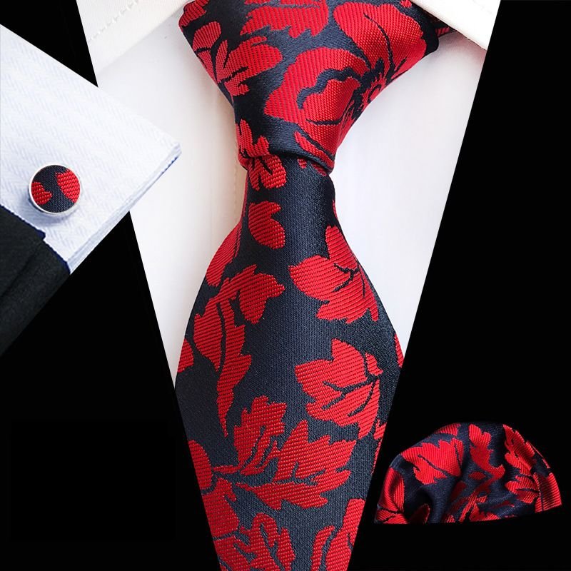 Men Classic Flower Printed Tie Pocket Square And Cufflinks Three-piece Set