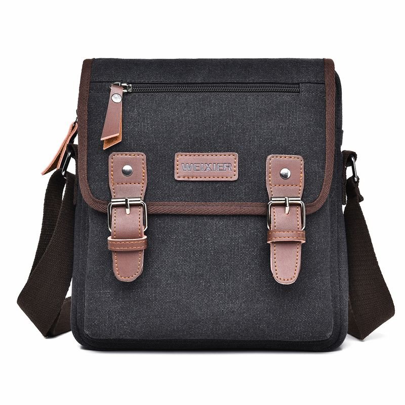 Men Fashion Casual Commuter Canvas Litchi Grain PU Crossbody Bag