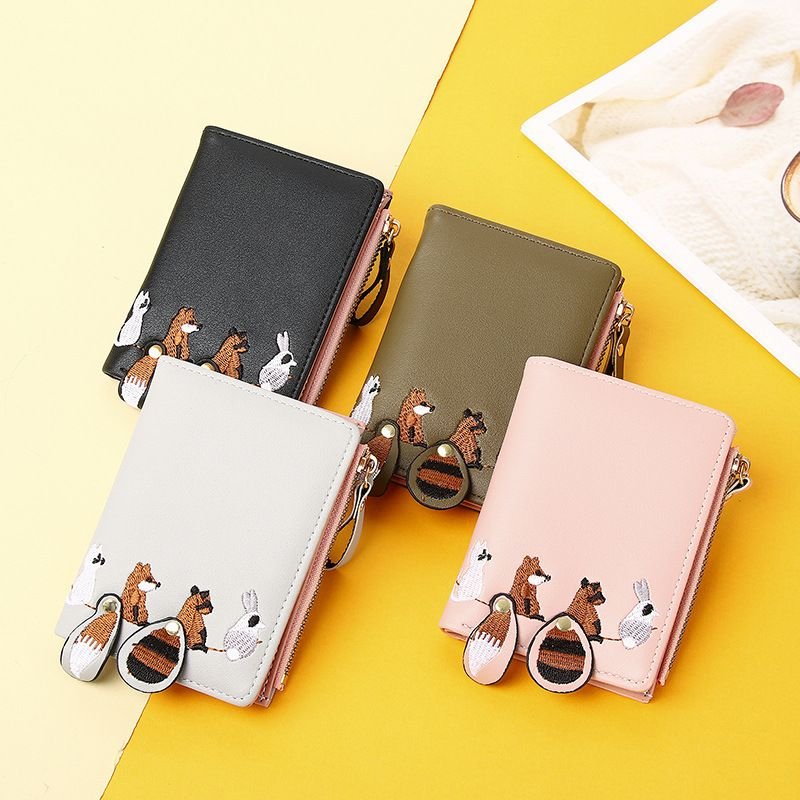 Women Fashion Cute Cartoon Animal Embroidered Folding Mini Wallet