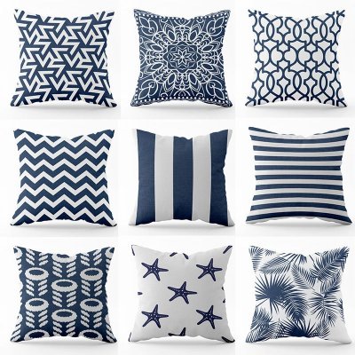 Blue Geometric Lines Throw Pillowcase Simple Stripe Linen Pillowcase