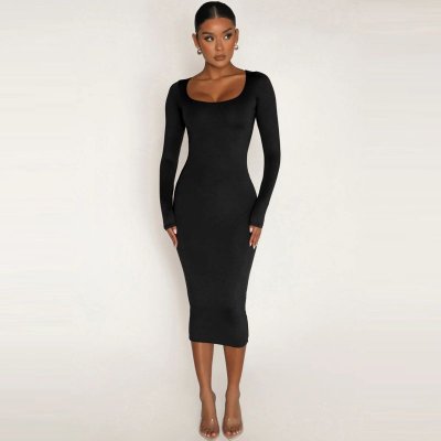 Women Fashion Solid Color Round Neck Long Sleeve Tight Dress