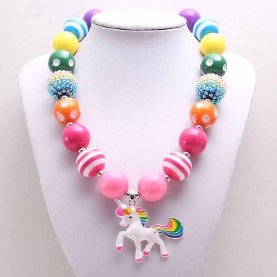 Kids Girls Sweet Cute Unicorn Pendant Alloy Rainbow Beaded Necklace