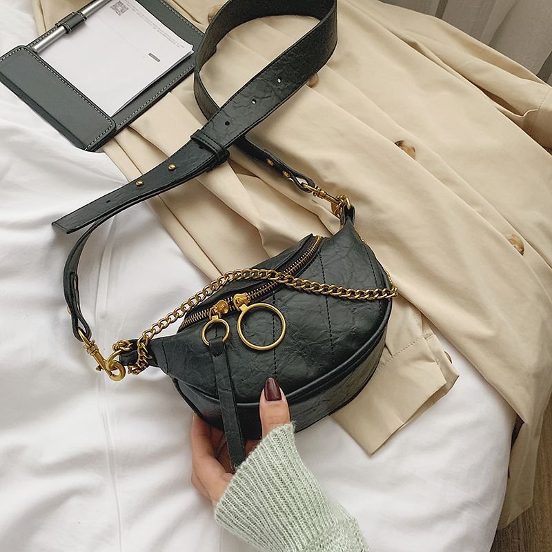 Women Vintage Chain Zipper Design Solid Color PU Chest Bag