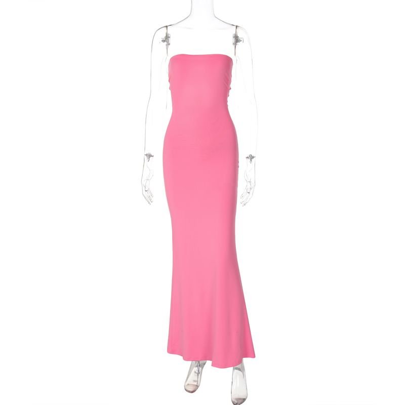 Summer Women Fashion Sexy Solid Color Strapless Backless Tight Maxi Dress