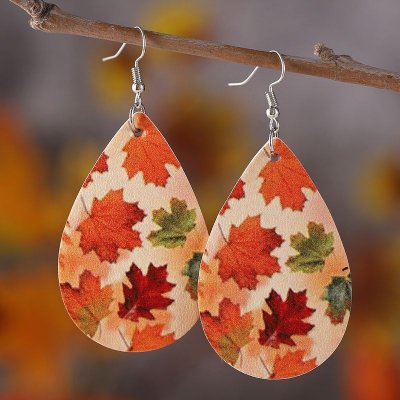 Autumn Thanksgiving Maple Leaf Pendant Pu Leather Earrings