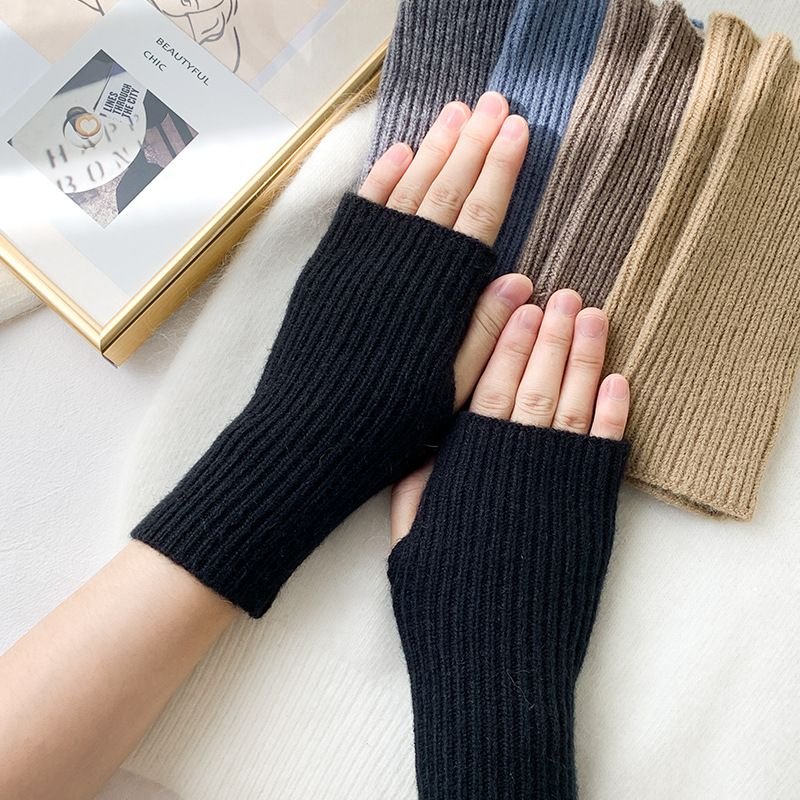 Autumn Winter Women Simple Solid Color Vertical Strip Knitted Wool Half-Finger Gloves