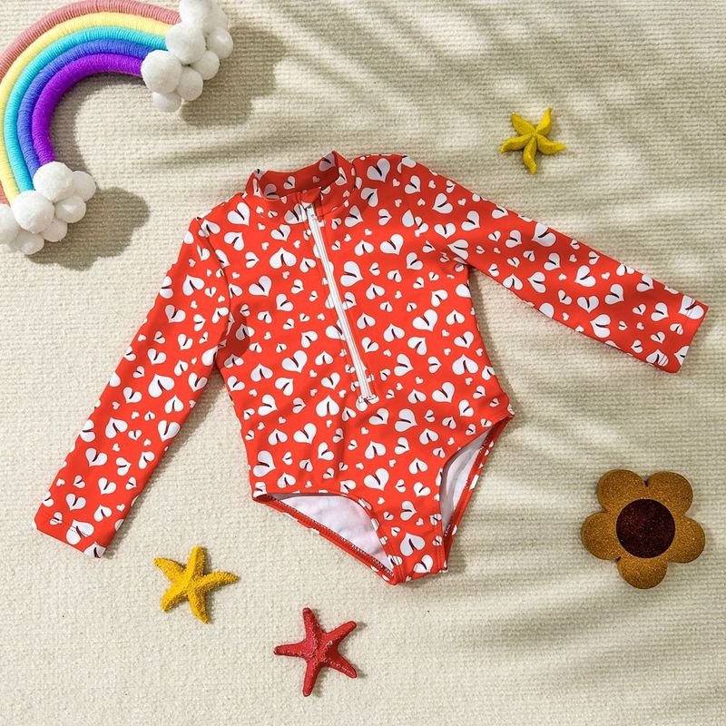 Kids Baby Girls Casual Cute Heart Print Long Sleeve One Piece Swimwear