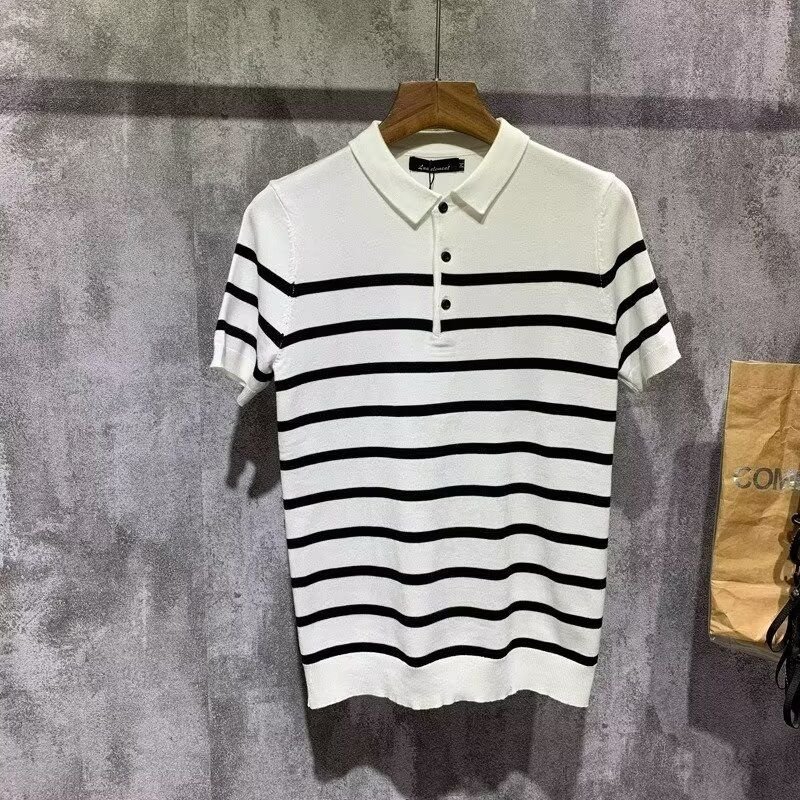 Men Fashion Casual Business Basic Stripe Print Short Sleeve Lapel POLO Shirt