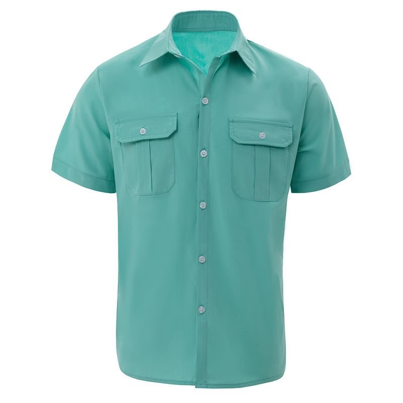 Men Fashion Casual Solid Color Double Pocket Short Sleeve Lapel Shirt