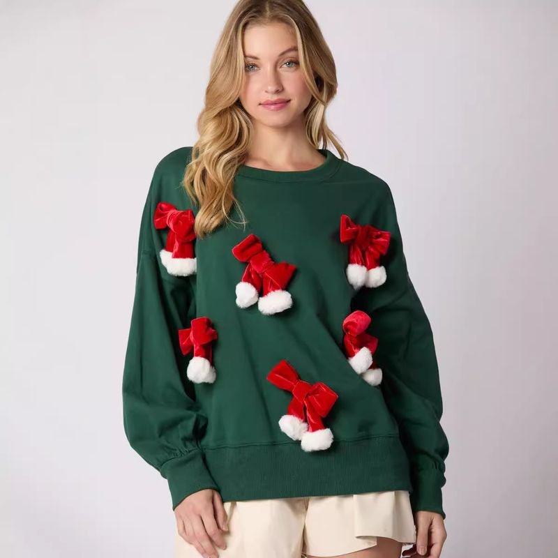 Christmas Women'S Fashion Three-Dimensional Bow Decorative Round Neck Long Sleeve Sweatshirt