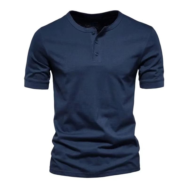 Men V Neck Short-Sleeved Casual Slim-Fit Henry Collar Solid Color T-Shirt