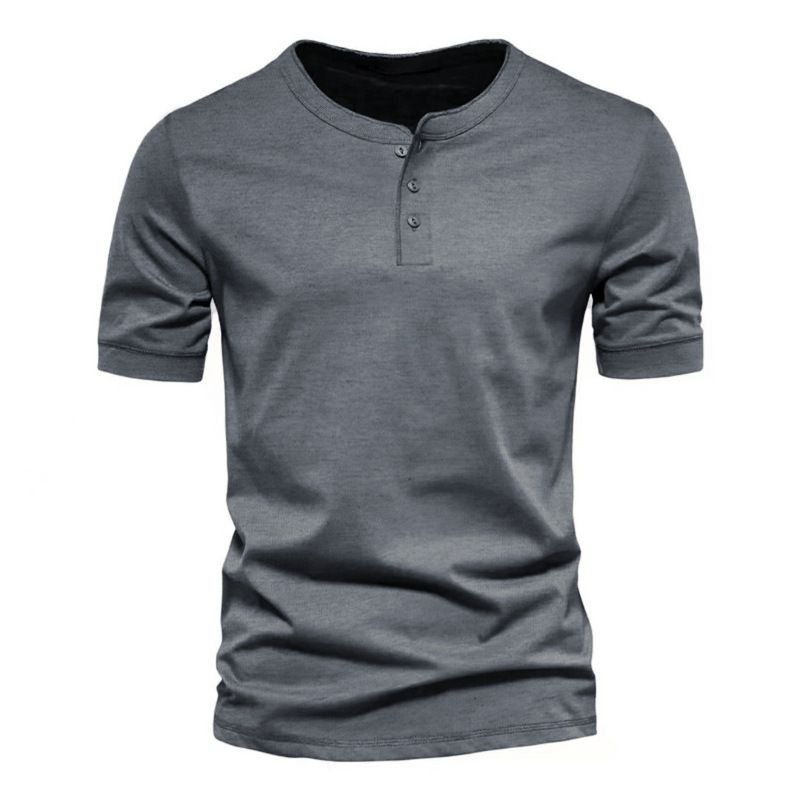 Men V Neck Short-Sleeved Casual Slim-Fit Henry Collar Solid Color T-Shirt