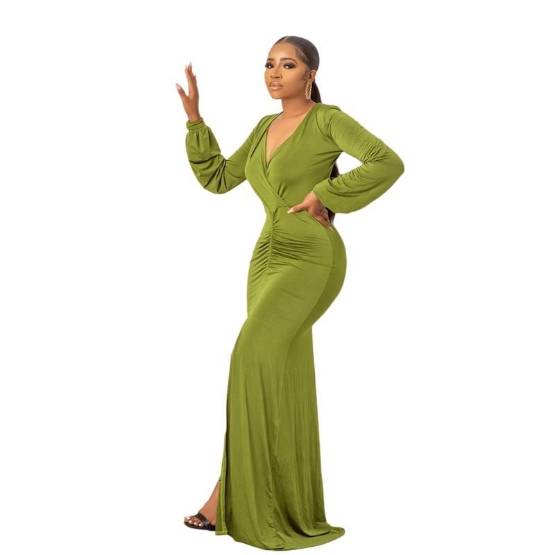 Women Fashion Sexy Solid Color Deep V Long Sleeve Maxi Dress