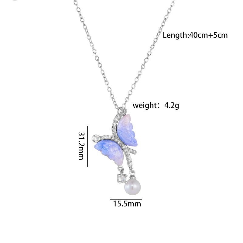 Women Simple Multicolor Fluorescent Butterfly Pearl Titanium Steel Necklace