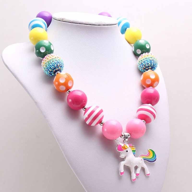 Kids Girls Sweet Cute Unicorn Pendant Alloy Rainbow Beaded Necklace