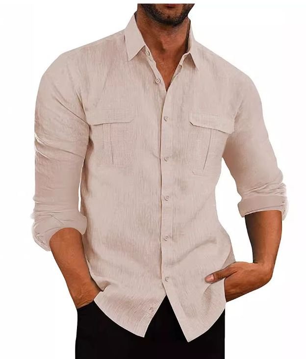 Men Fashion Casual Basic Solid Color Long Sleeve Lapel Shirt