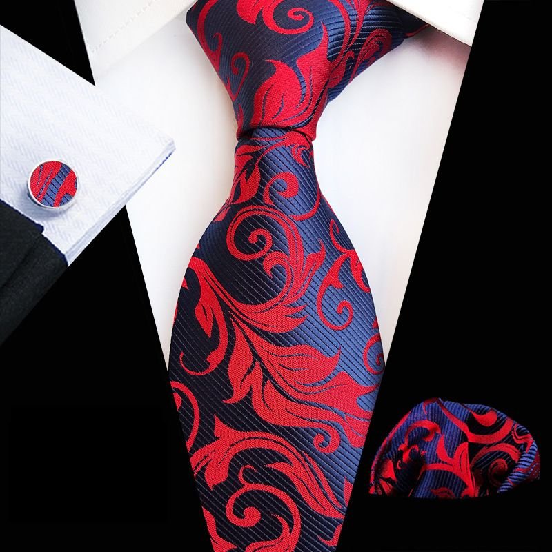 Men Classic Flower Printed Tie Pocket Square And Cufflinks Three-piece Set