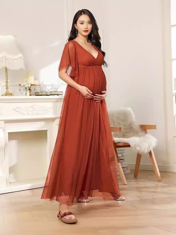 Pregnant Women Fashion Sexy V-Neck Mesh Party Dress