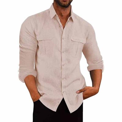 Men Fashion Casual Basic Solid Color Long Sleeve Lapel Shirt