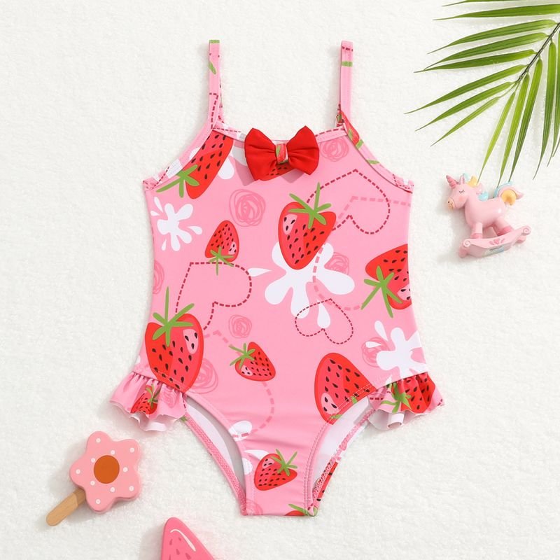 Kids Baby Girls Casual Cute Fruit Print Bow Sleeveless One Piece Swimwear