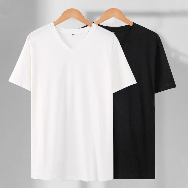 Summer Short-Sleeved Men V Neck Fashionable Black White Simple T-Shirt Custom