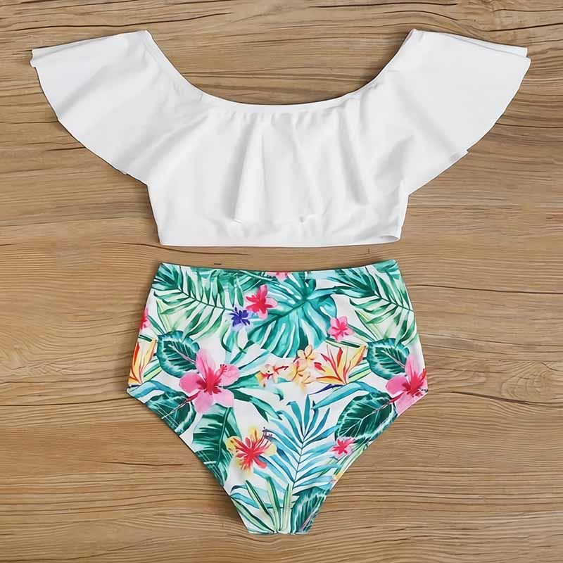 Kids Toddler Big Girls Casual Vacation Floral Print Sleeveless Off Shoulder Tankinis Swimwear Set