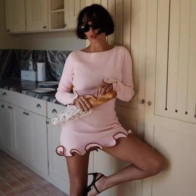 Summer Women Fashion Solid Color Wood Ear Hem Knitted Long Sleeve Tight Dress