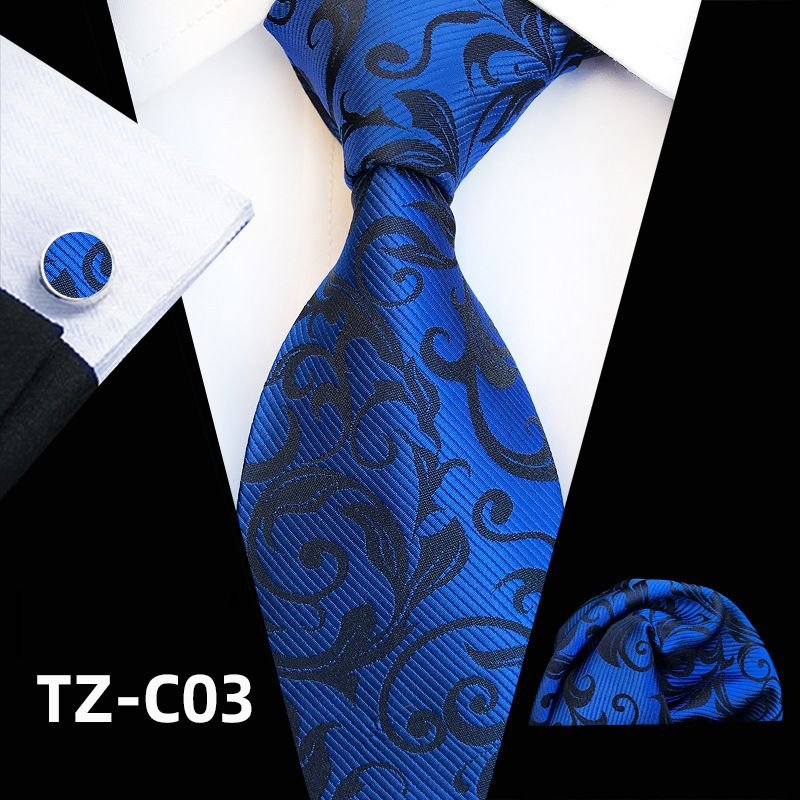 Men Classic Flower Printed Tie Pocket Square And Cufflinks Three-piece Set