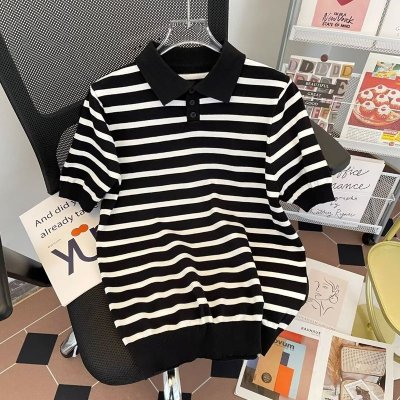 Men Fashion Casual Basic Stripe Print Plus Size Short Sleeve Lapel POLO Shirt