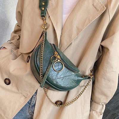 Women Vintage Chain Zipper Design Solid Color PU Chest Bag