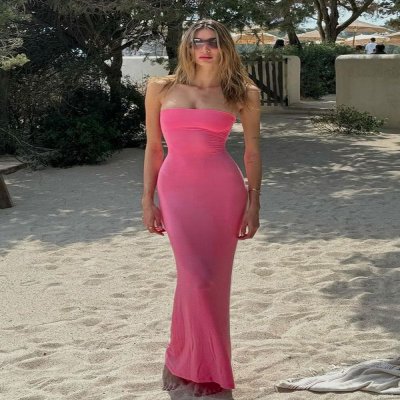 Summer Women Fashion Sexy Solid Color Strapless Backless Tight Maxi Dress