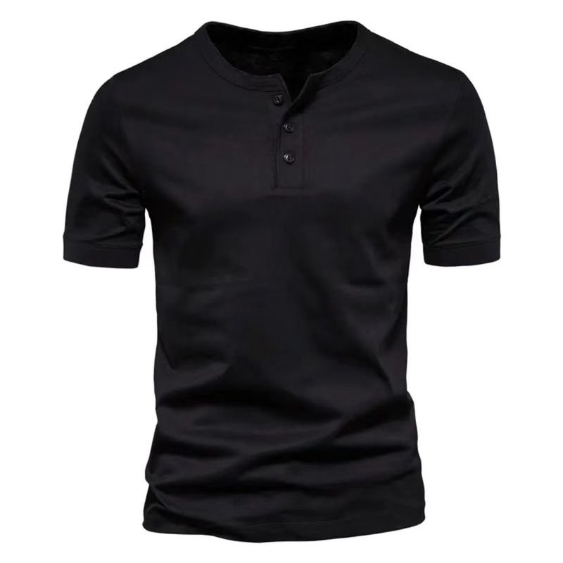 Men V Neck Short-Sleeved Casual Slim-Fit Henry Collar Solid Color T-Shirt