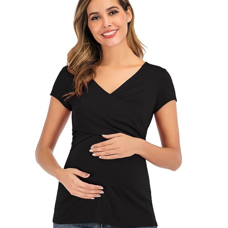 Summer Women Fashion Solid Color Deep V Cross Short Sleeve Breastfeeding Top