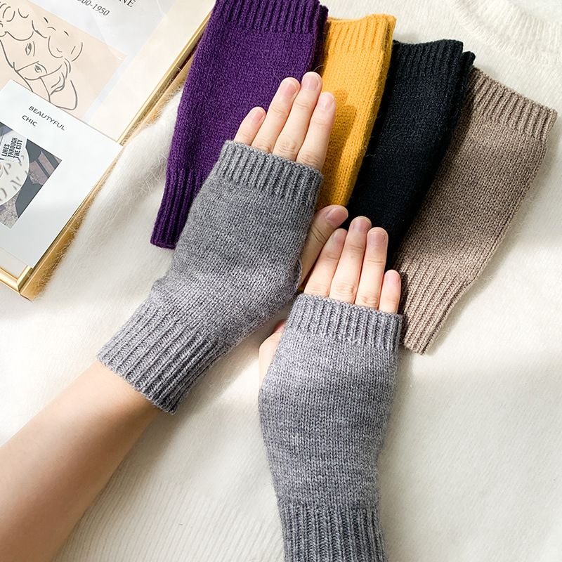 Autumn Winter Women Fashion Solid Color Warm Knitted Half Finger Wool Gloves