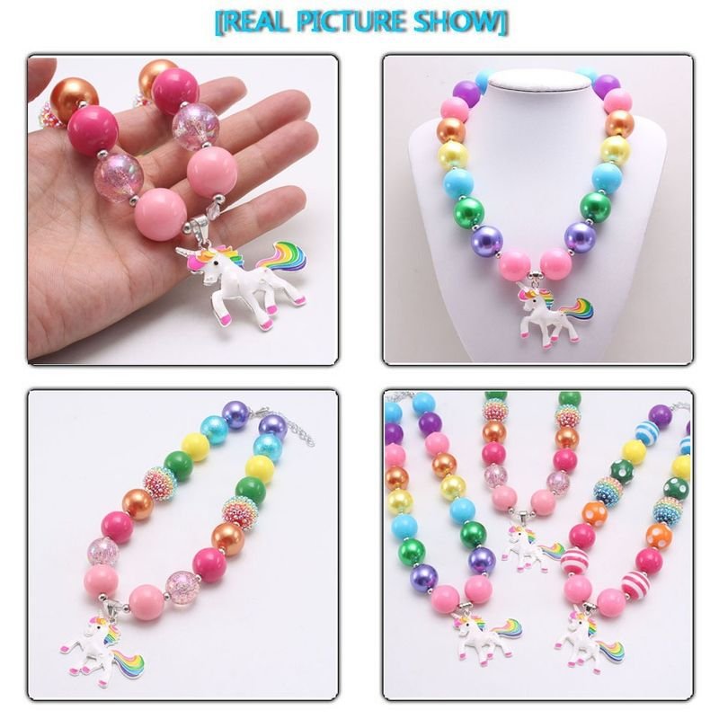 Kids Girls Sweet Cute Unicorn Pendant Alloy Rainbow Beaded Necklace