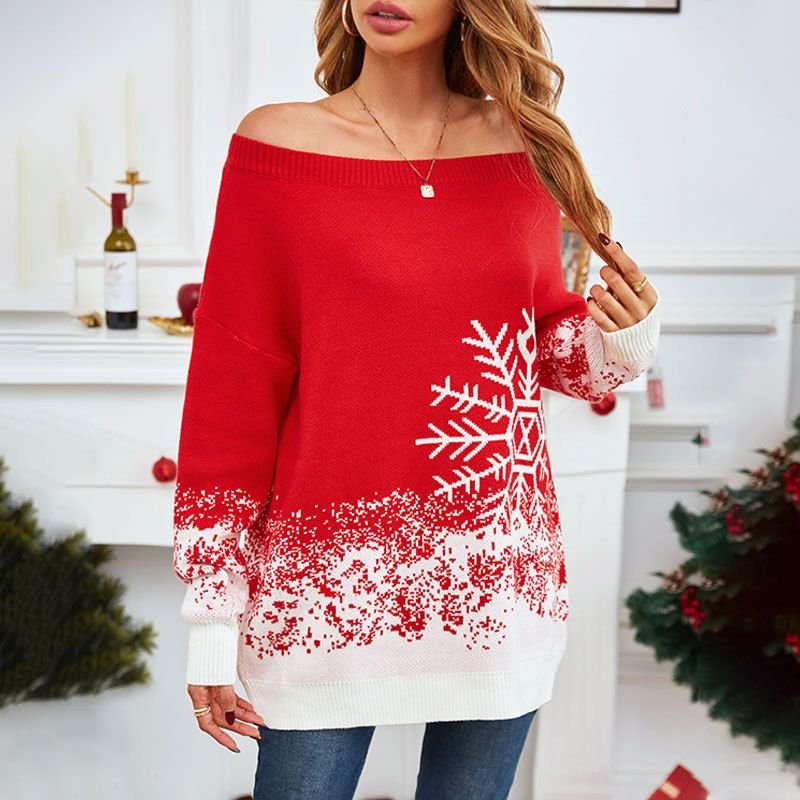 Women Fashion Cartoon Christmas Snowflake Print Off Shoulder Long Sleeve Knitted Sweater