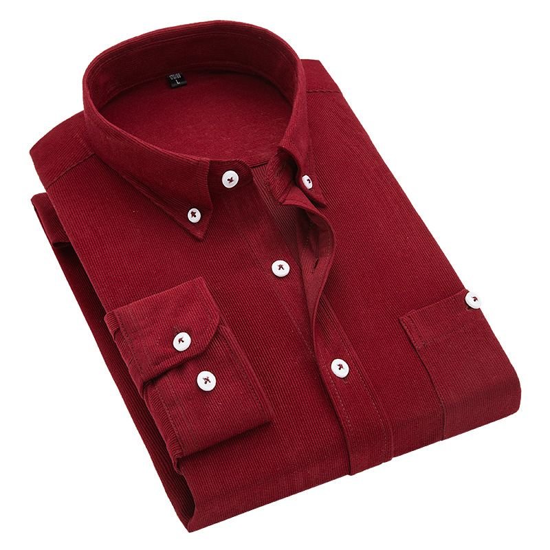 Men Fashion Casual Business Solid Color Corduroy Plus Size Long Sleeve Lapel Shirt